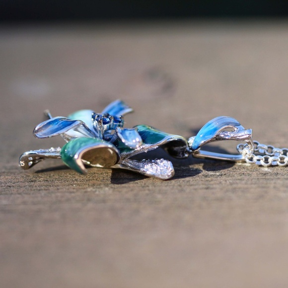 Teal Blue Green Orchid Flower Enamel Pendant Sterling Silver 925 - Picture 8 of 10